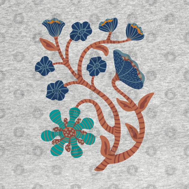 IT'S A JUNGLE OUT THERE Mod Funky Floral-2 in Retro Navy Blue and Brown - UnBlink Studio by Jackie Tahara by UnBlink Studio by Jackie Tahara